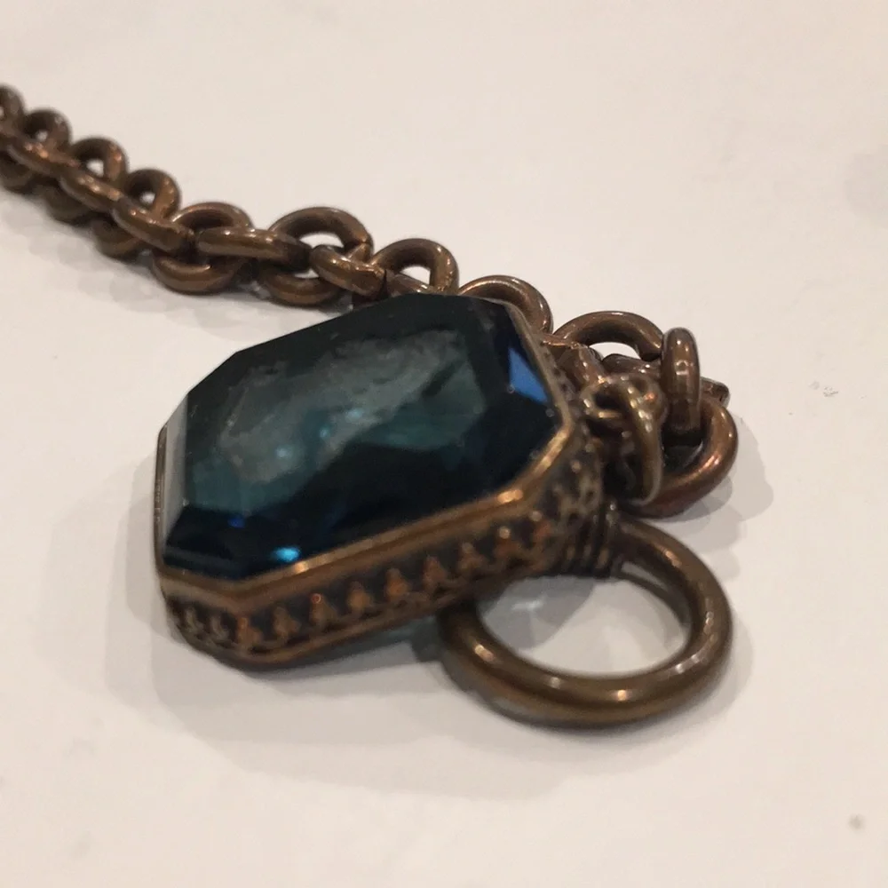 Blue & Antiqued Gold Chain Link Bracelet w/ Square Gemstone